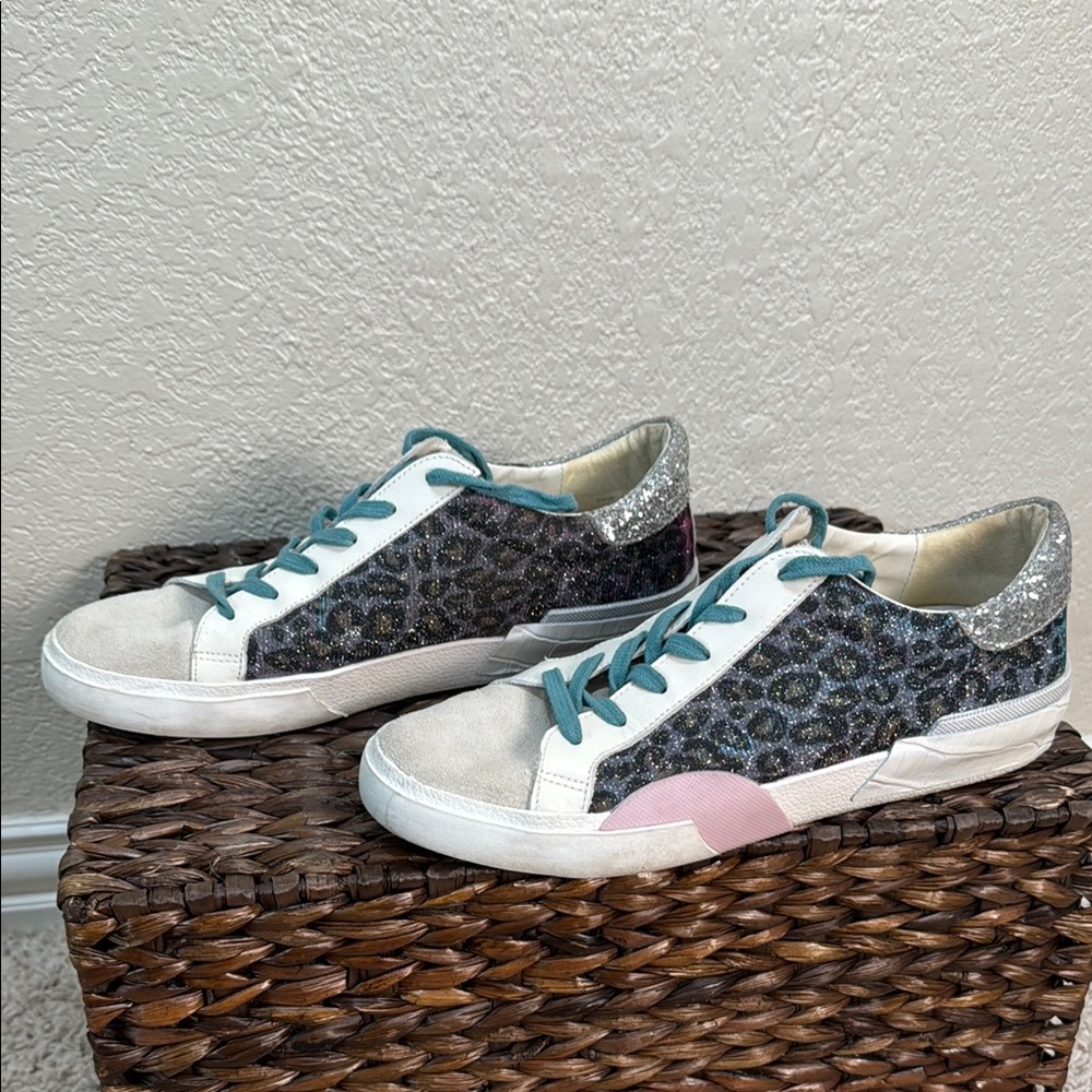 Dolce Vita Women White Sneakers with Glitter‎ Leopard Print Teal Laces Size 10 - Picture 3 of 7